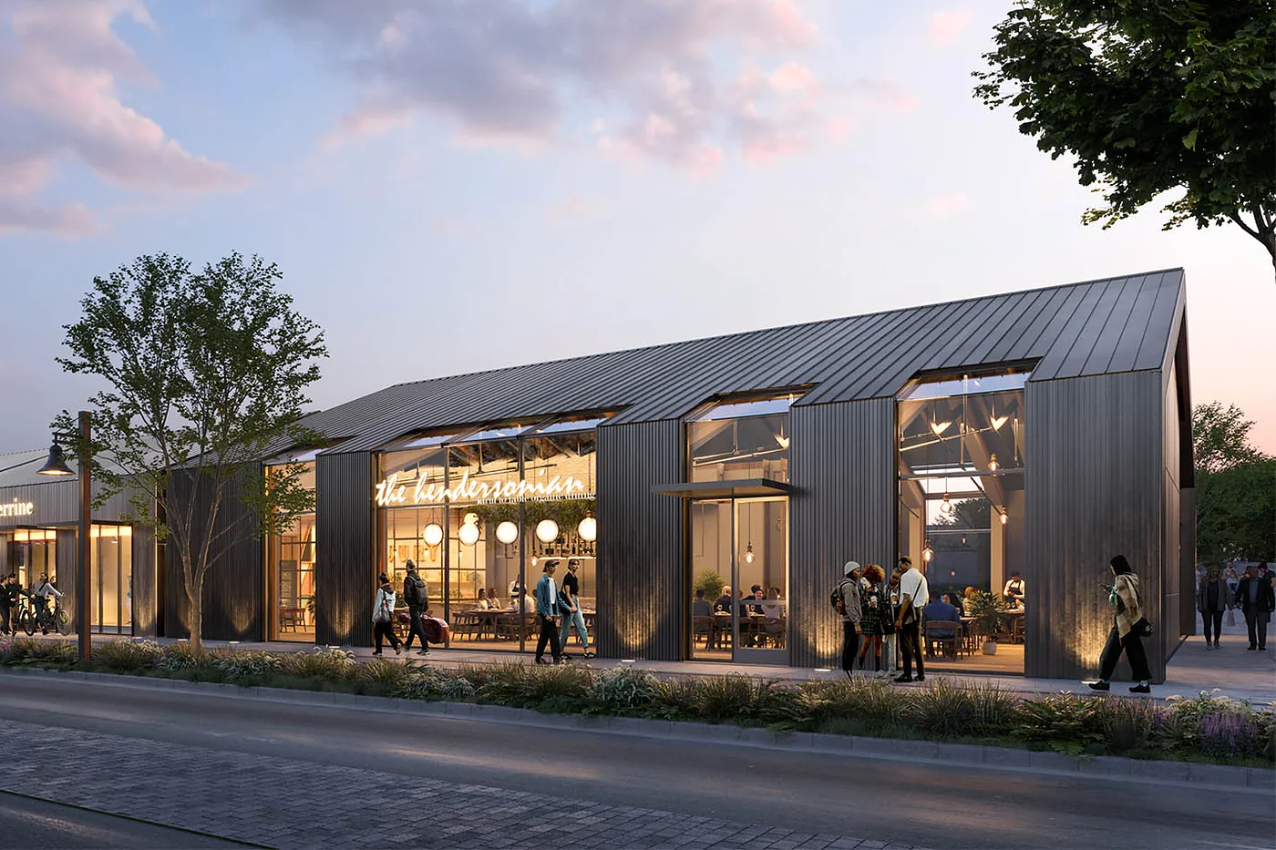 Henderson Avenue, Dallas — corrugated metal façade and lit glazing of a restaurant pavilion at dusk