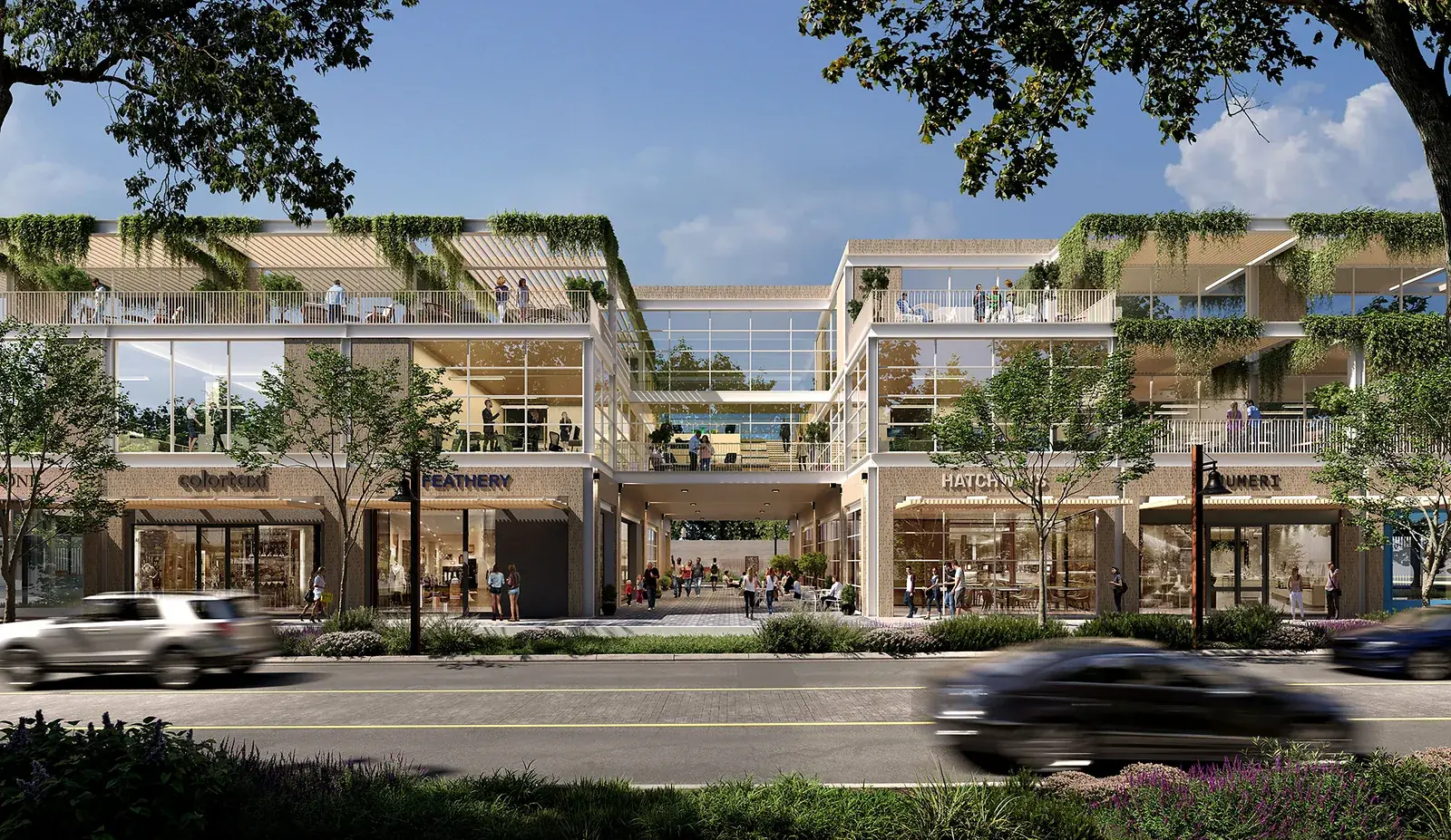 Henderson Avenue, Dallas — ground-up mixed-use buildings with ground-floor retail and a pedestrian passage