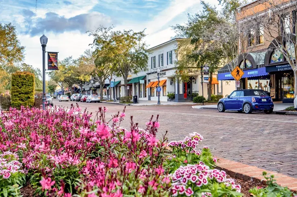 Park Avenue, Winter Park — brick roadway, street trees and continuous retail frontage
