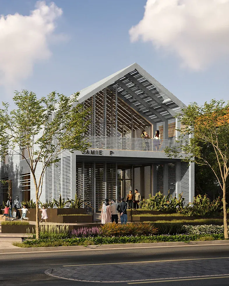 Henderson Avenue, Dallas — a louvered gabled retail pavilion set back behind planting