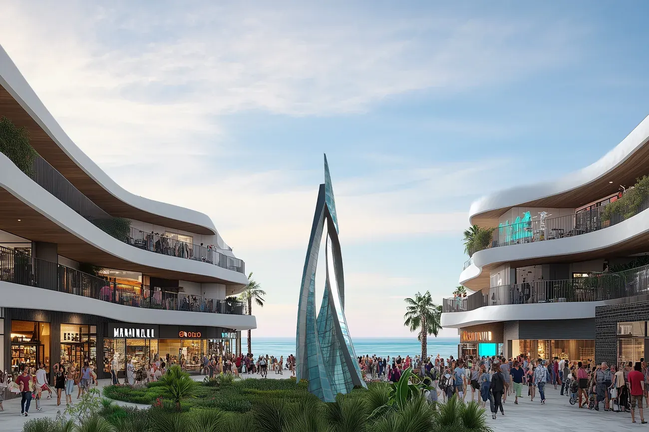 Oceanus, a coastal retail and dining district, its plaza and storefronts opening to the water at dusk